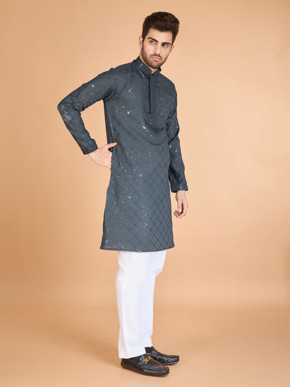 Mens Kurta With Dupatta In Grey Silk Finish