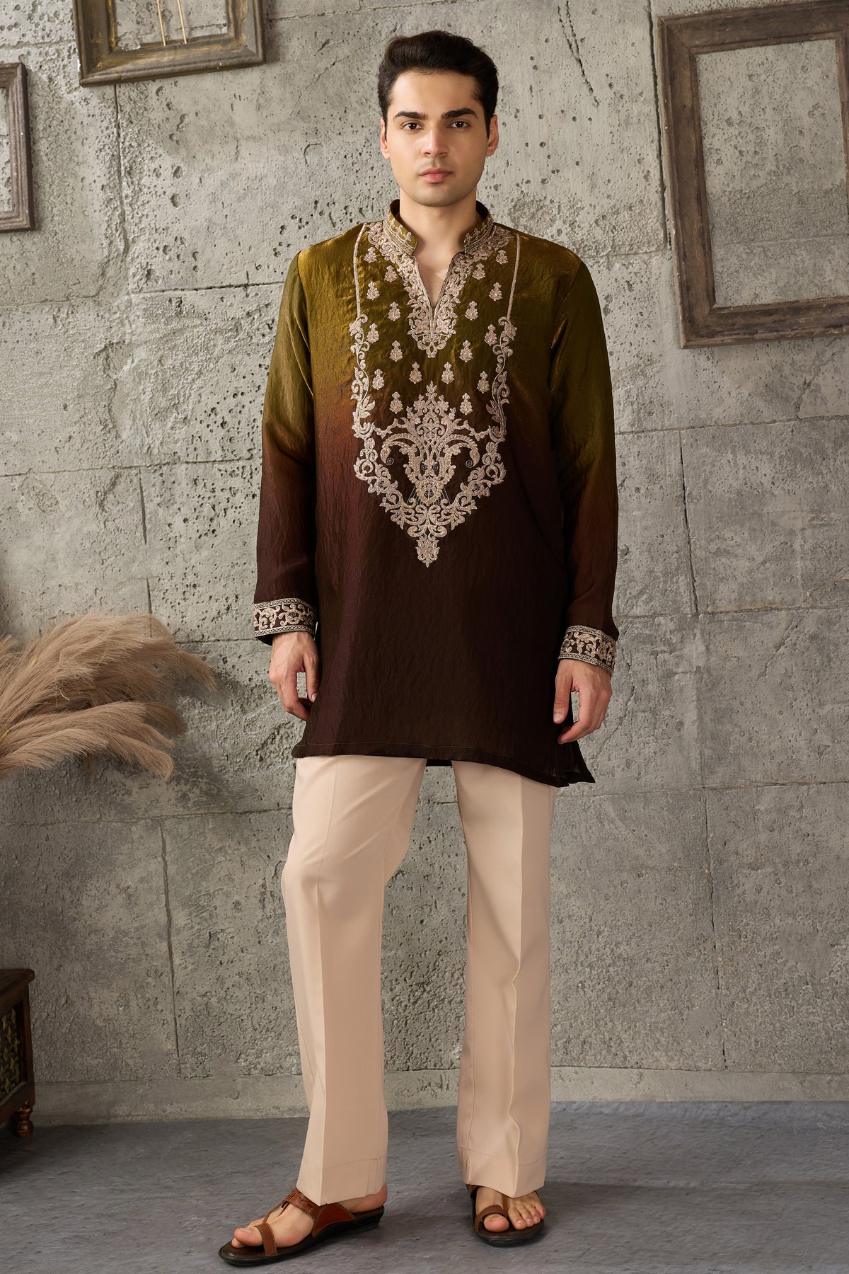 Mehndi green kurta pajama dress for men front view