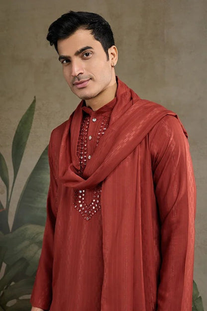 Mens Mirror Work Kurta In Rich Red Shade
