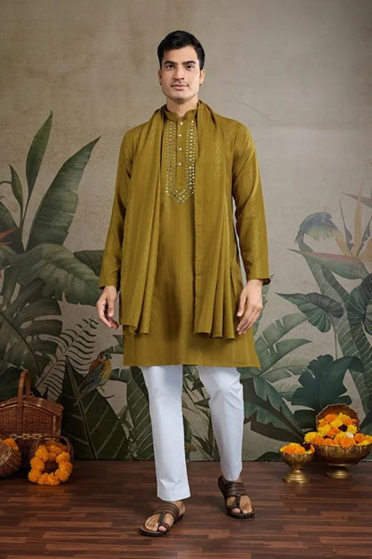 olive green kurta for men with mirror work
