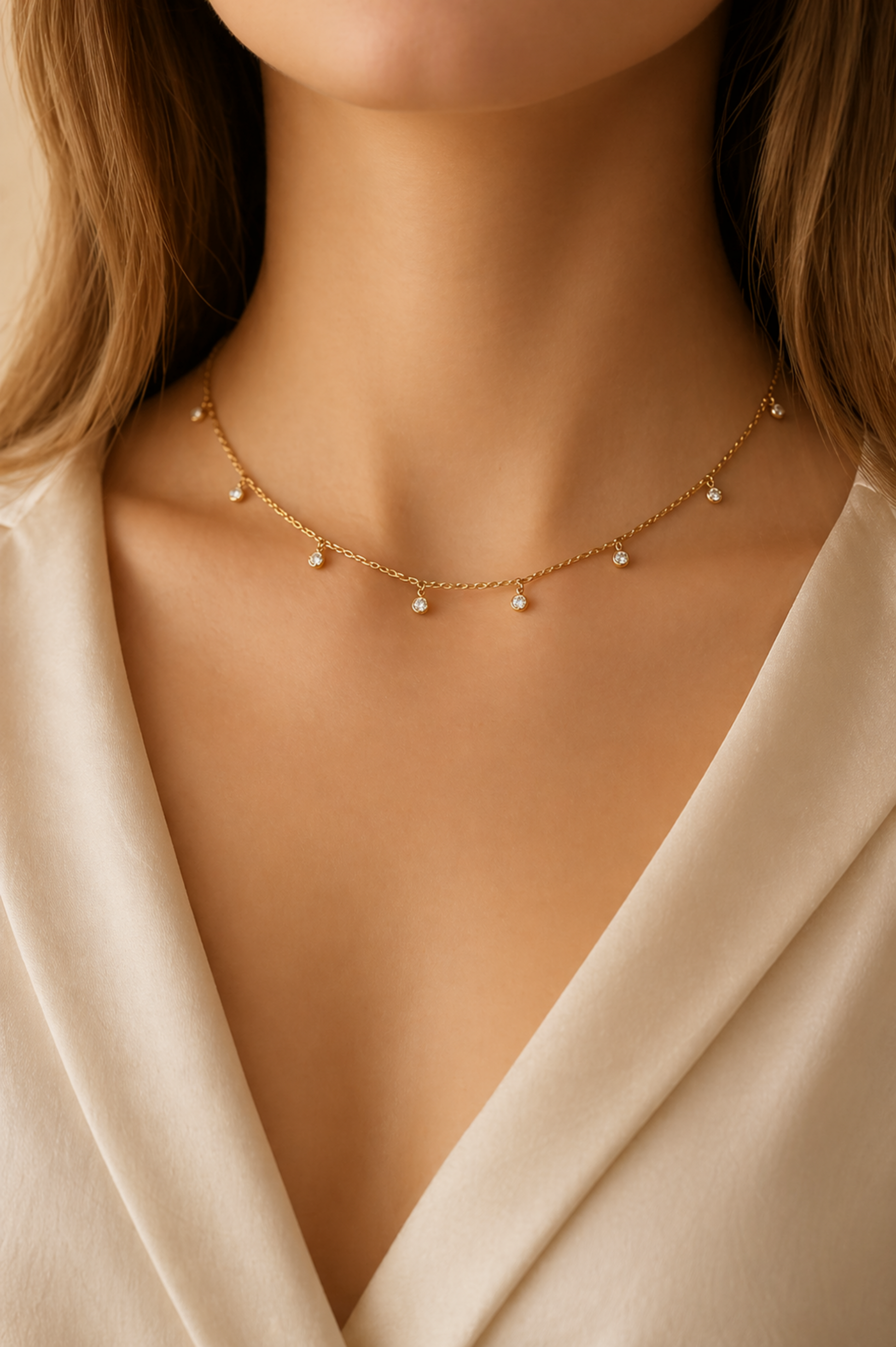 minimal gold chain necklace on model
