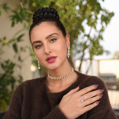 pearl choker necklace set worn on model