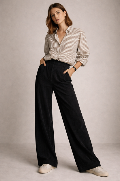 Black trouser front view wide leg silhouette