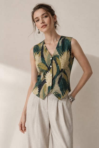 Model wearing sleeveless vest top women with minimal background styling
