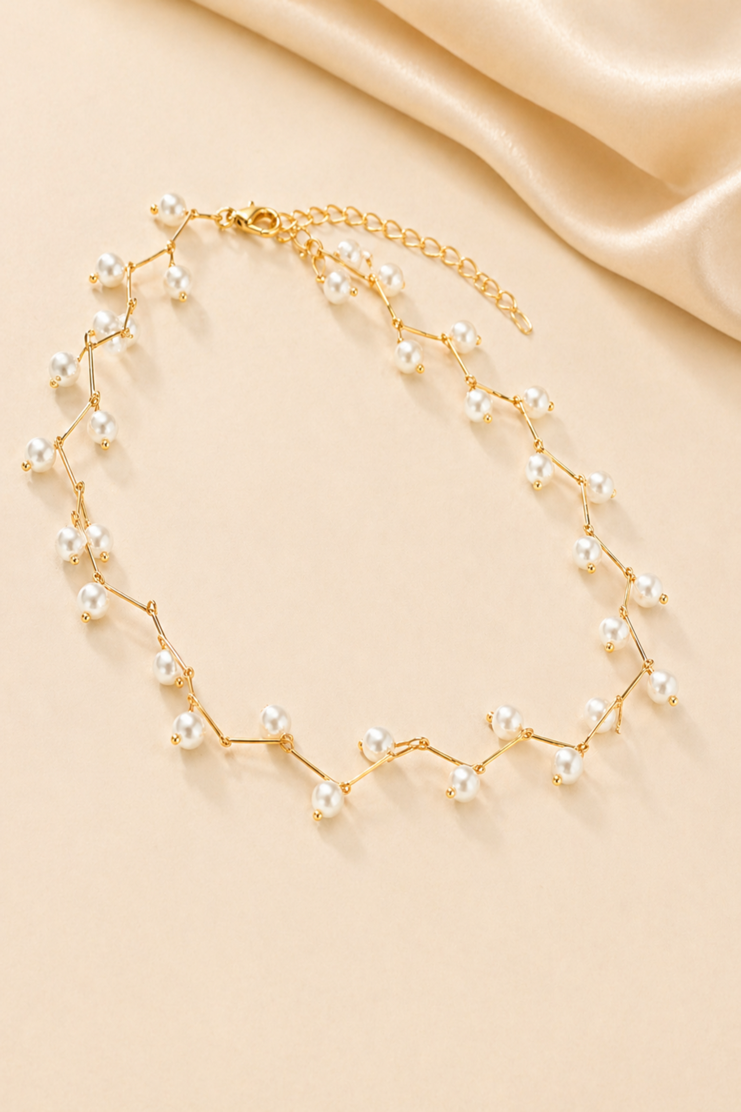 elegant pearl necklace worn by model
