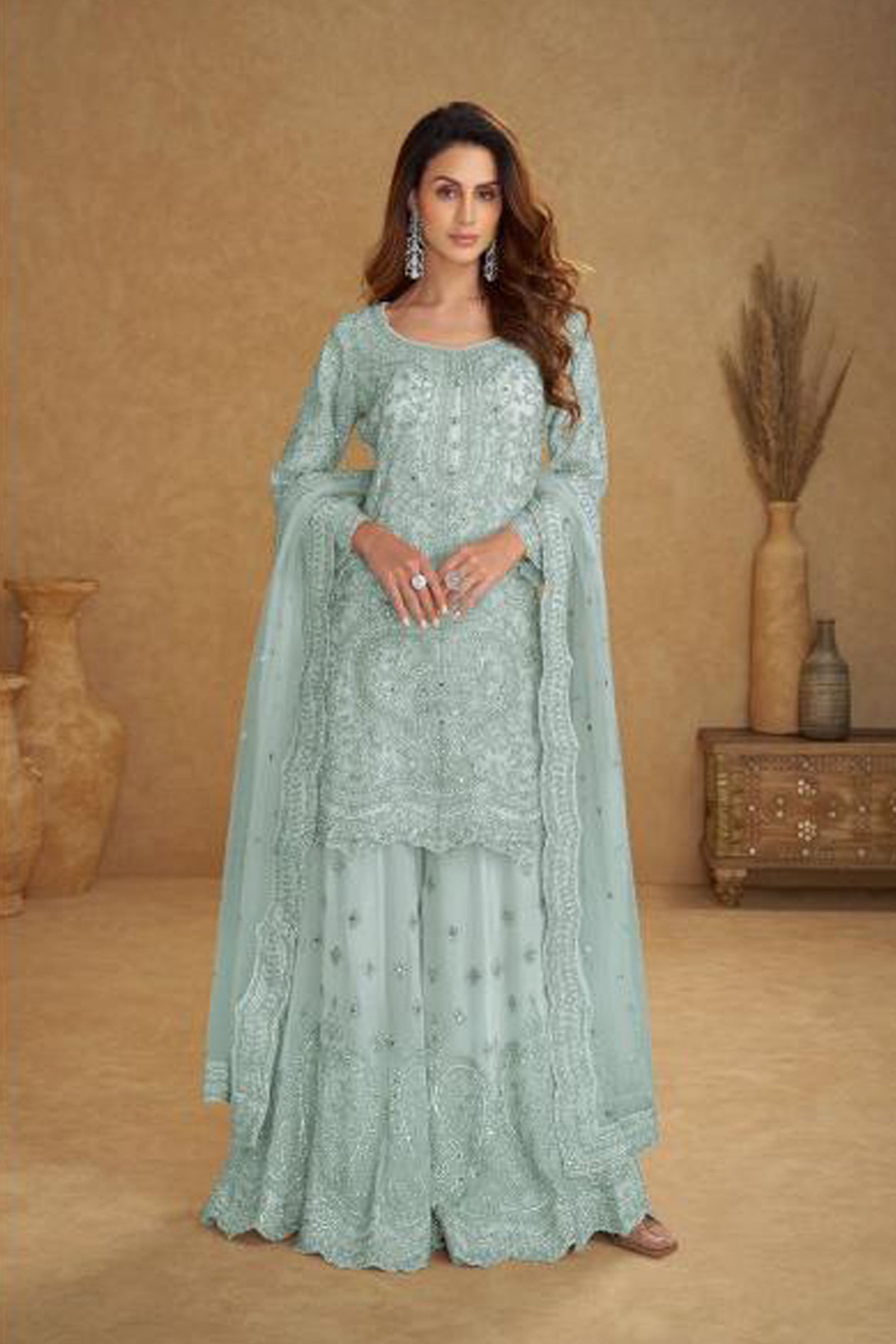 Mint blue embroidered plazzo suit front view