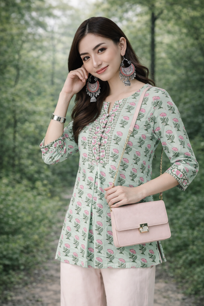 mint green modern top front view with floral print