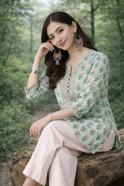 floral printed tunic top for women in mint green detail