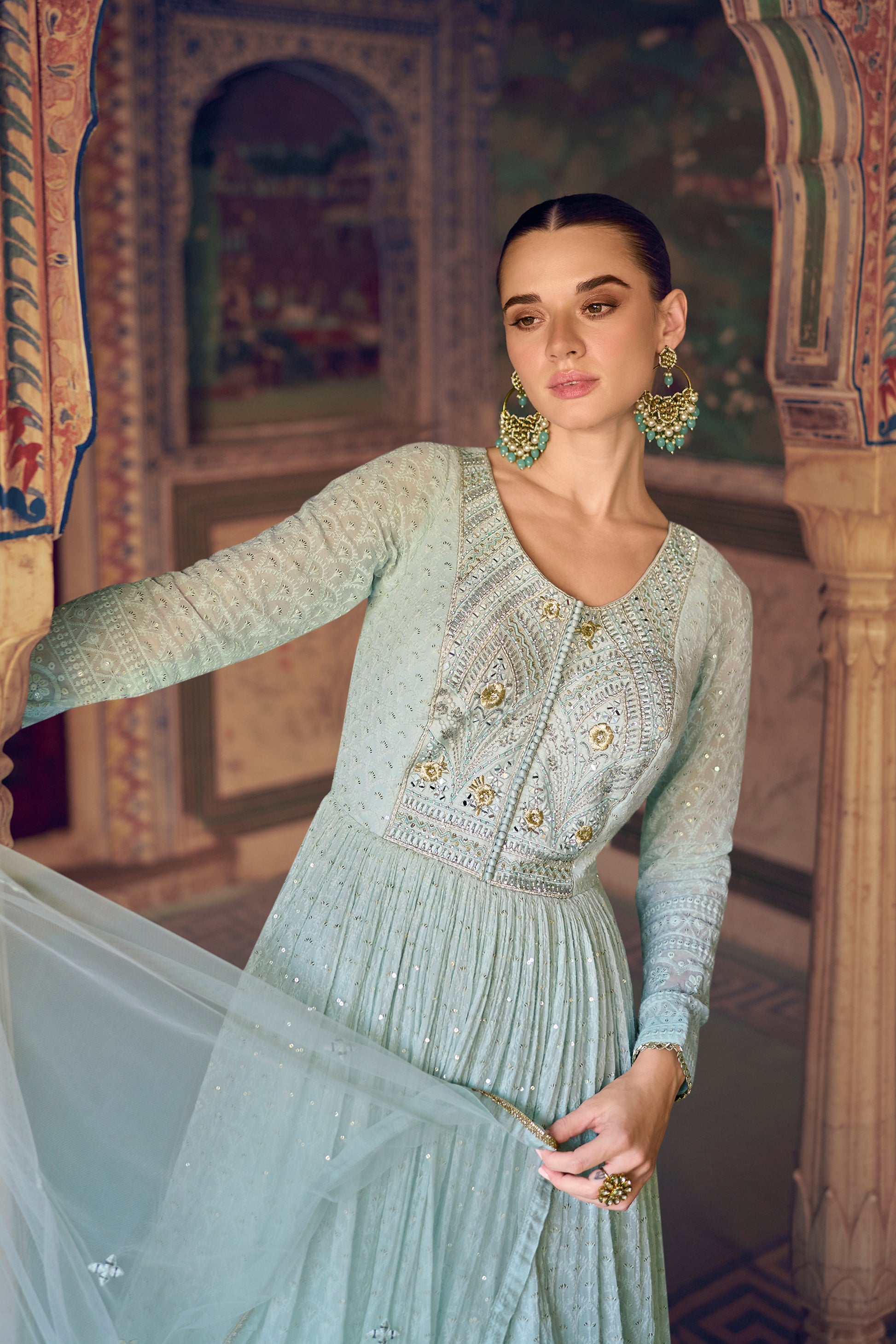 Close up of georgette fabric texture mint green anarkali