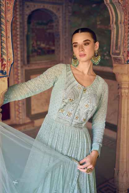 Close up of georgette fabric texture mint green anarkali