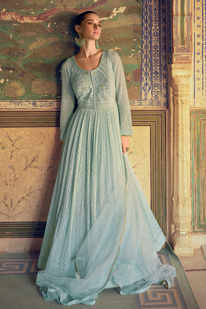 Mint green anarkali front view with full flare