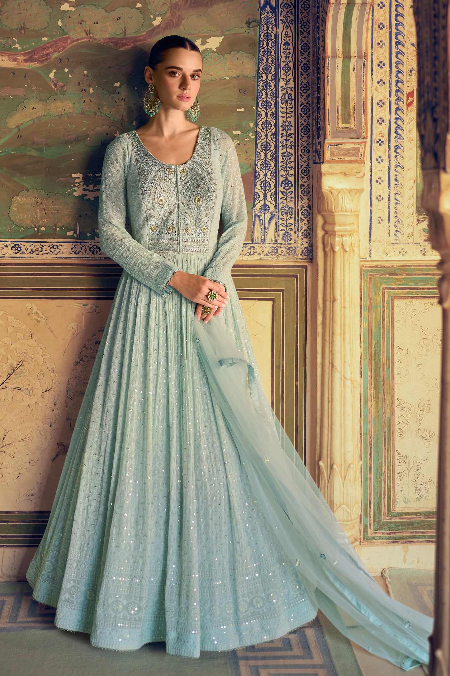 Mint green anarkali dress full length front angle