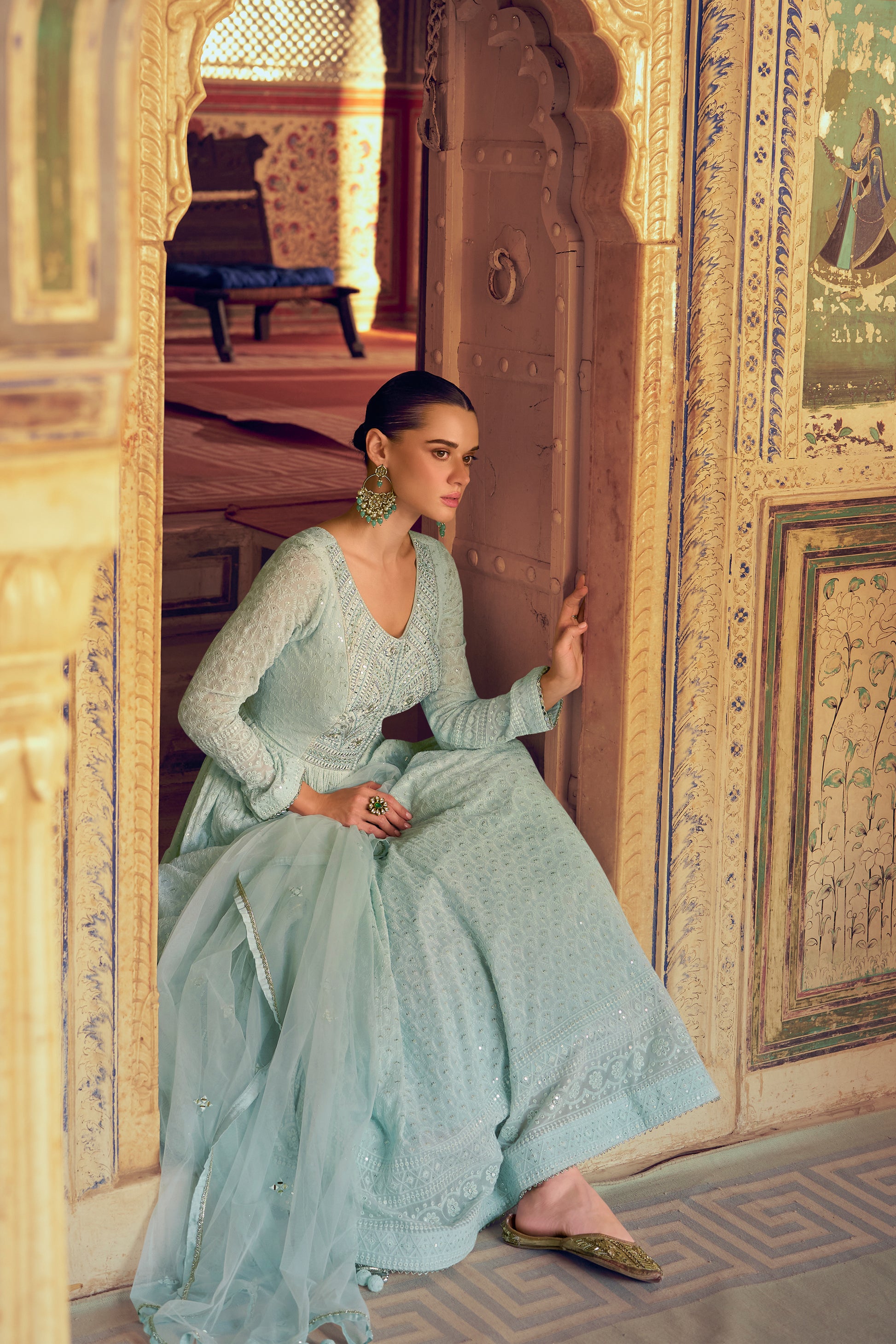 Side view of mint green anarkali suit flow