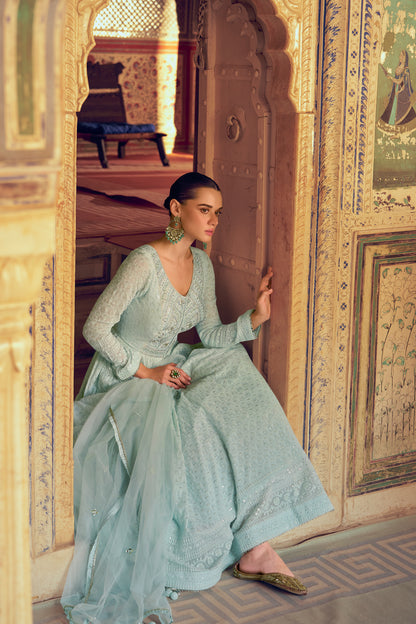 Side view of mint green anarkali suit flow