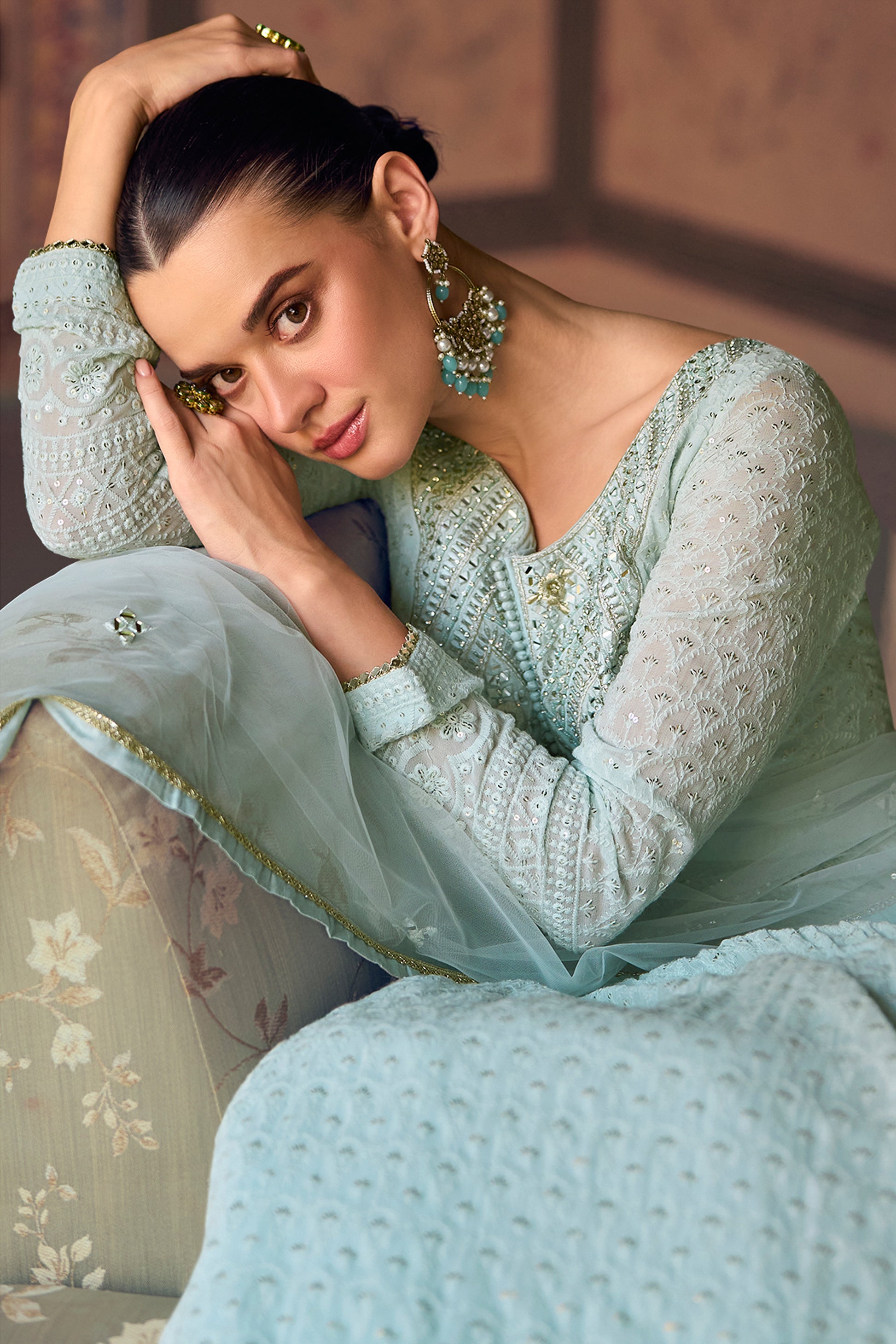 Sleeve detail of mint green anarkali outfit