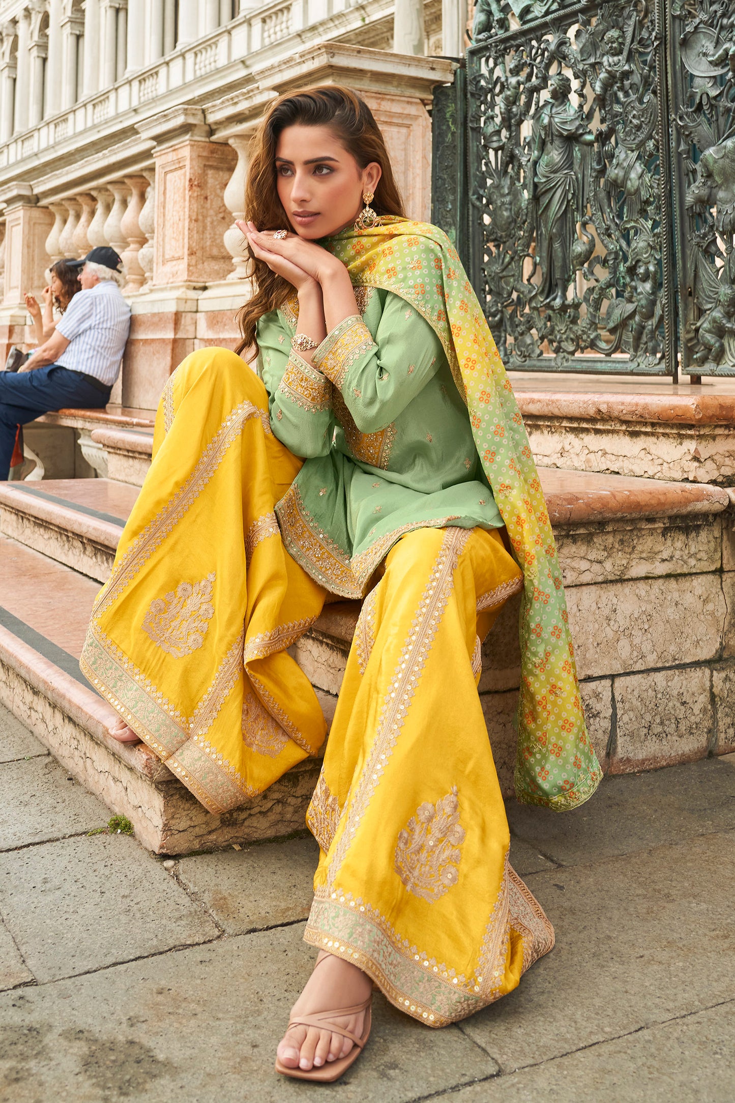 Sharara flare detail in mint green silk suit set