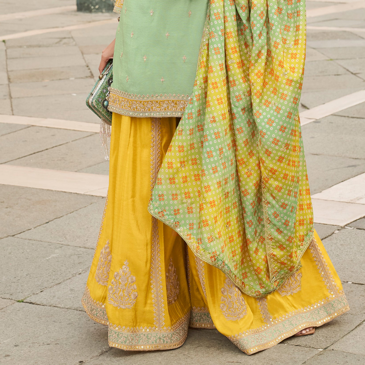 Close-up front detail of mint green salwar kameez sharara