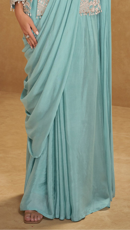 Pallu detail with tassels lace on mint green saree
