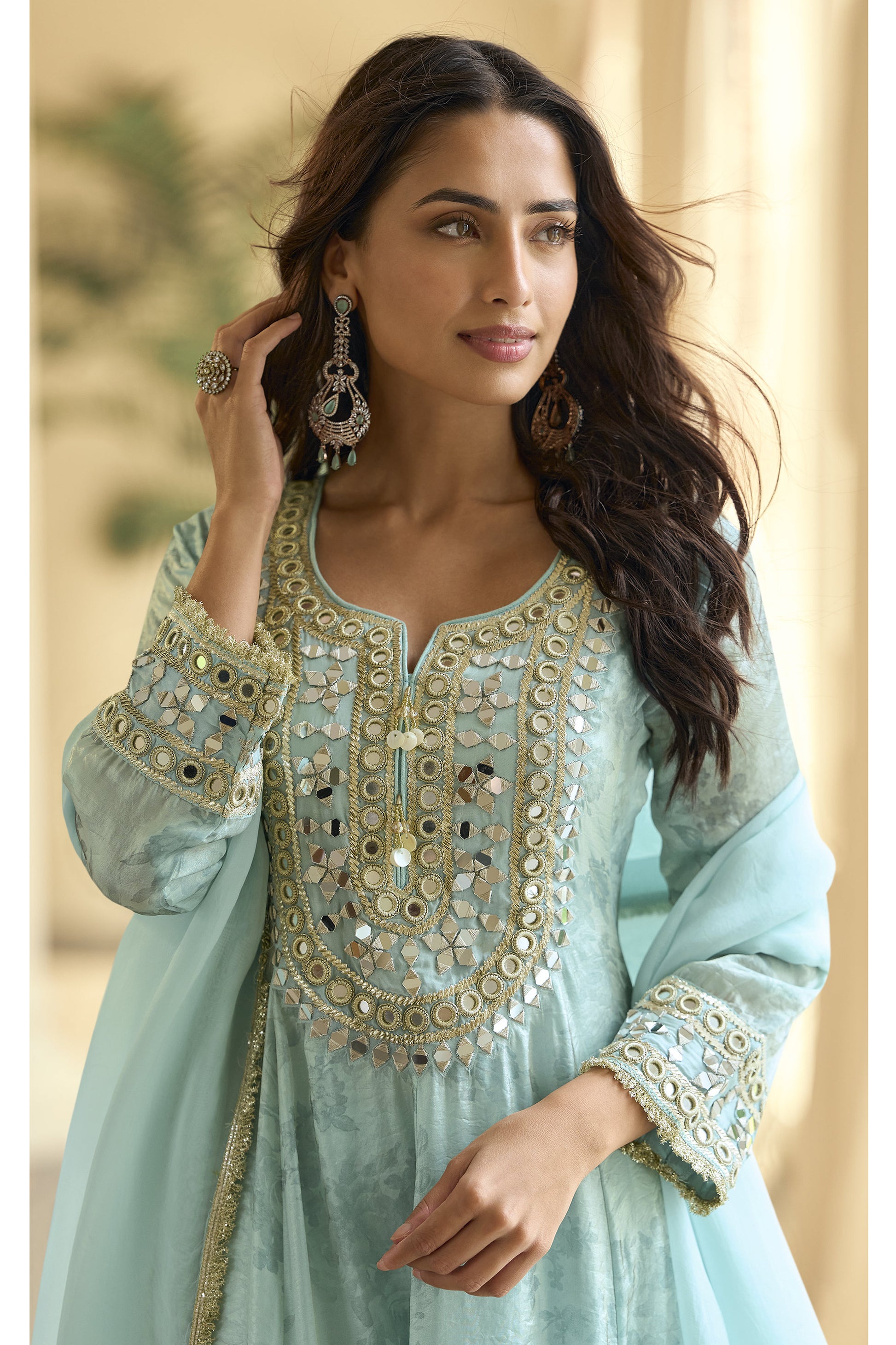 Front view of mint green salwar kameez palazzo set