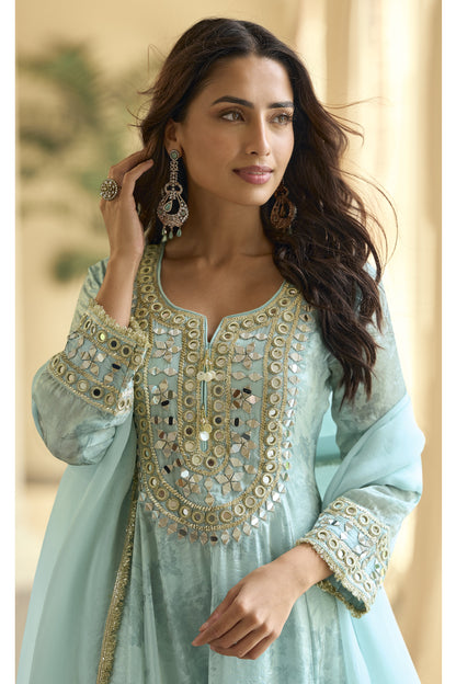 Front view of mint green salwar kameez palazzo set