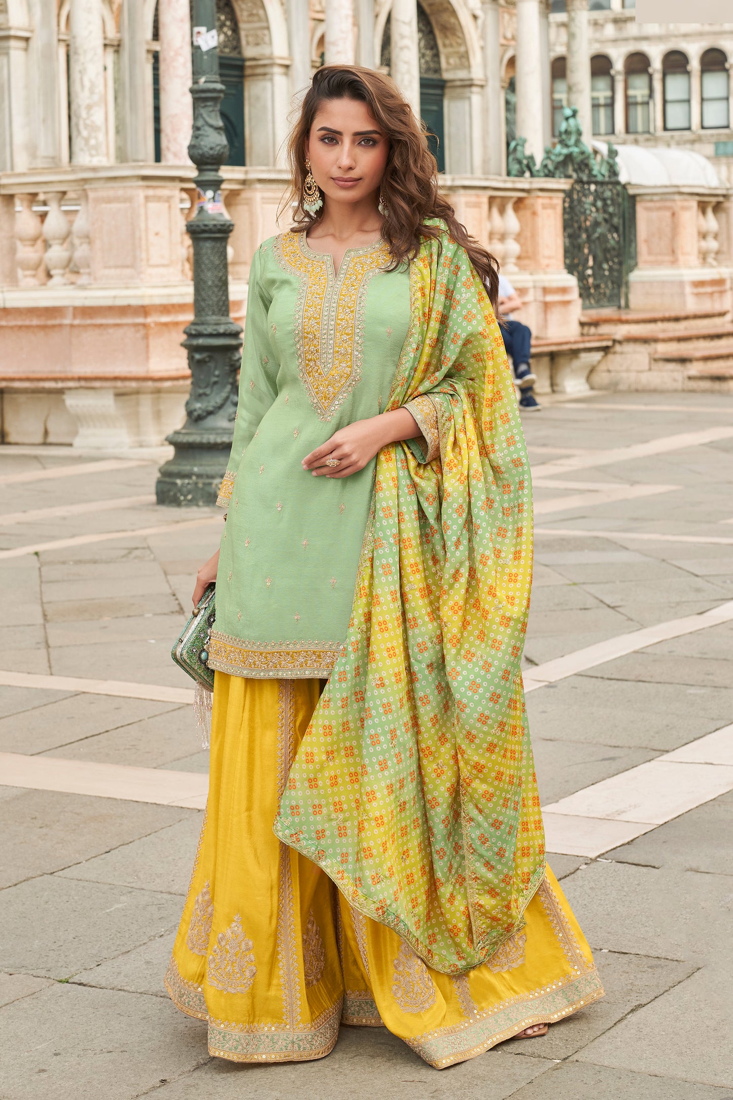 Mint green salwar kameez sharara front view with embroidery work