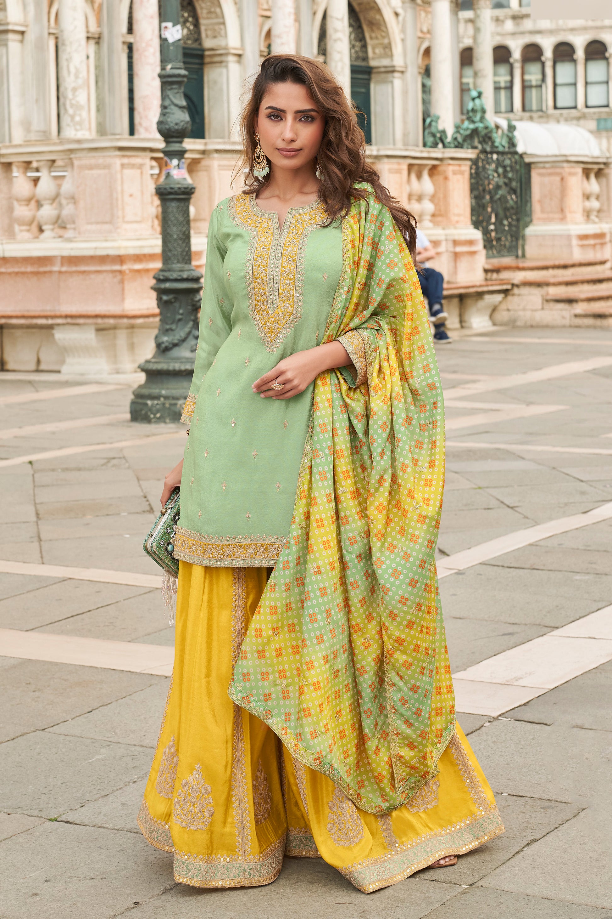 Mint green salwar kameez sharara front view with embroidery work