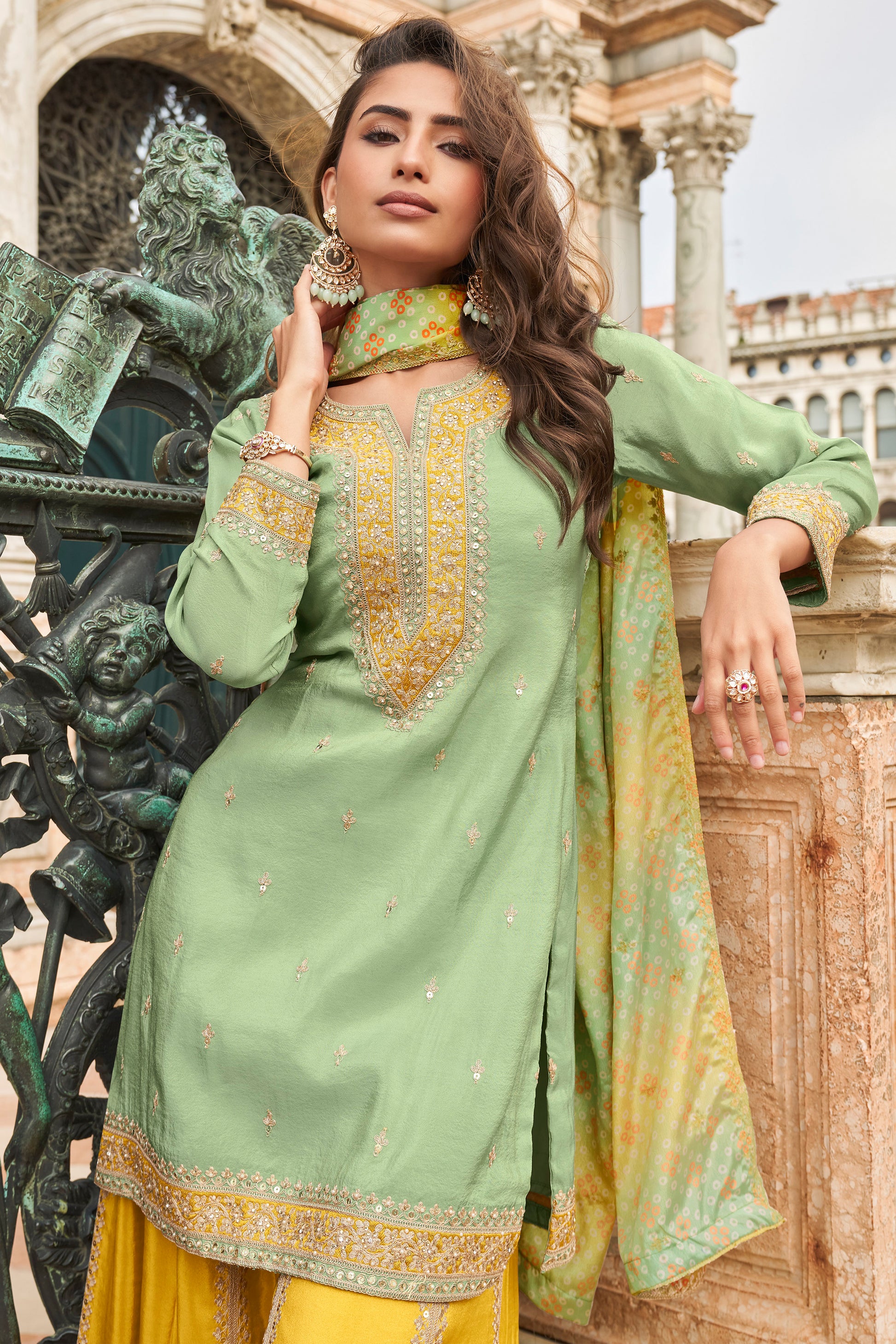 Front view of mint green salwar kameez sharara suit