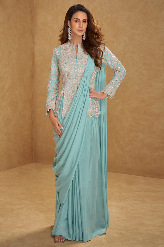 Front view of mint green saree for engagement with embroidery work