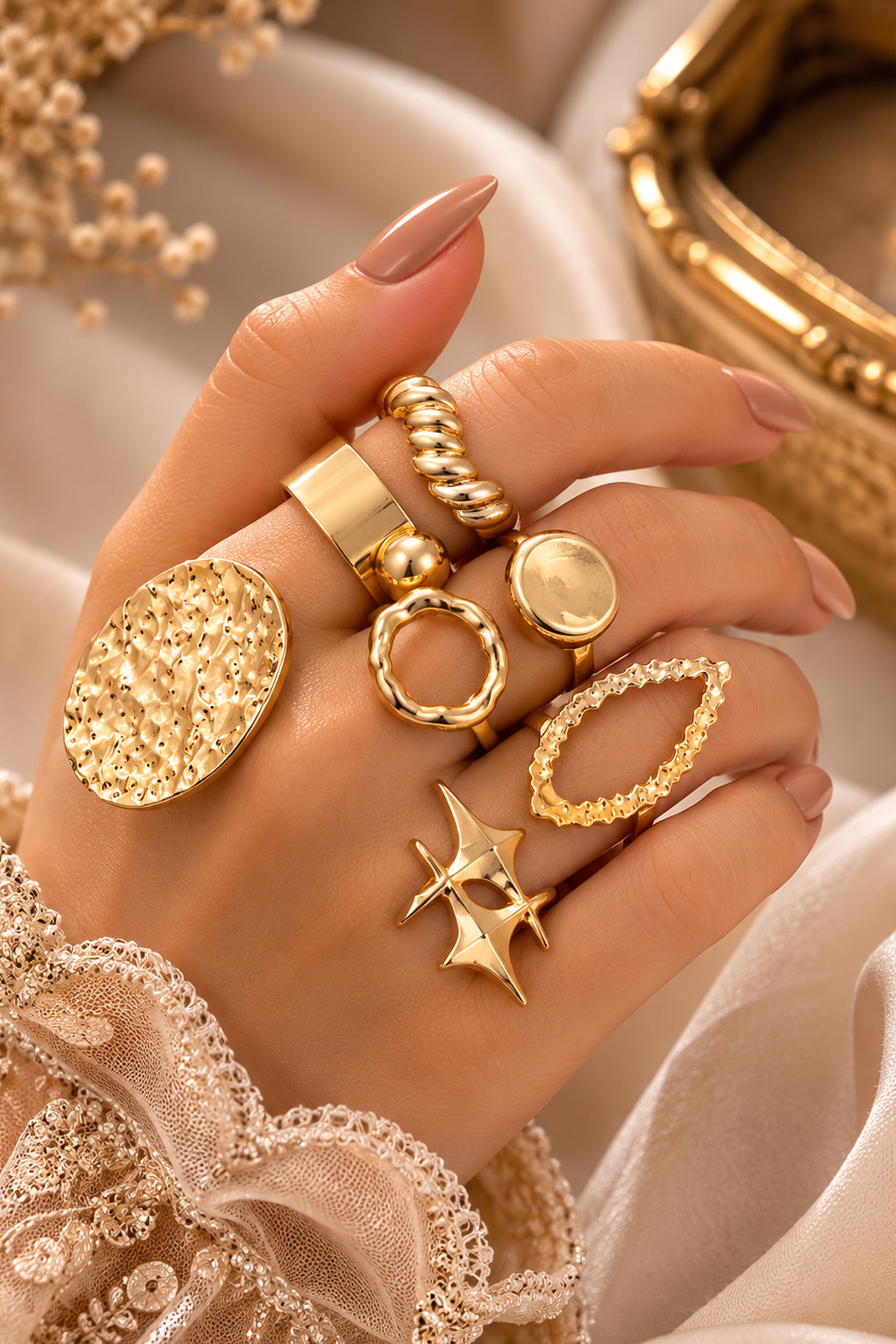 Close-up of gold-tone rings layered across a hand