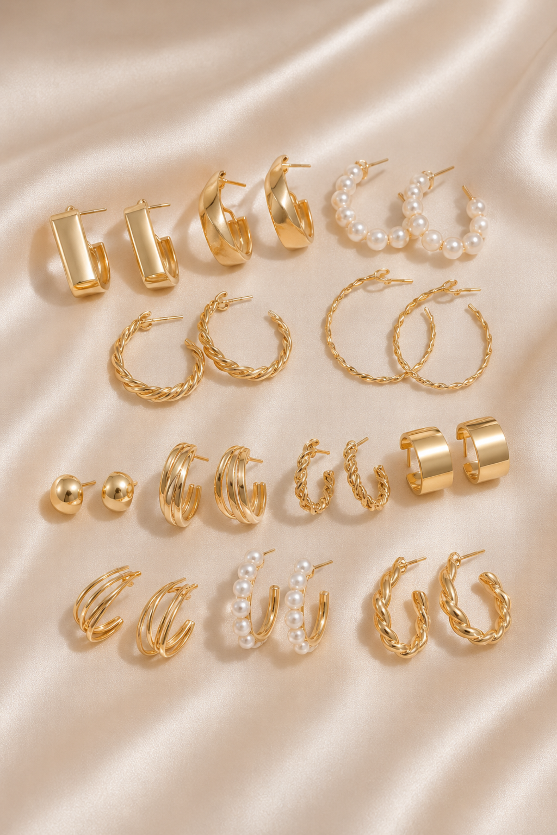 Wide, sculpted and textured hoop earrings shown in varied proportions