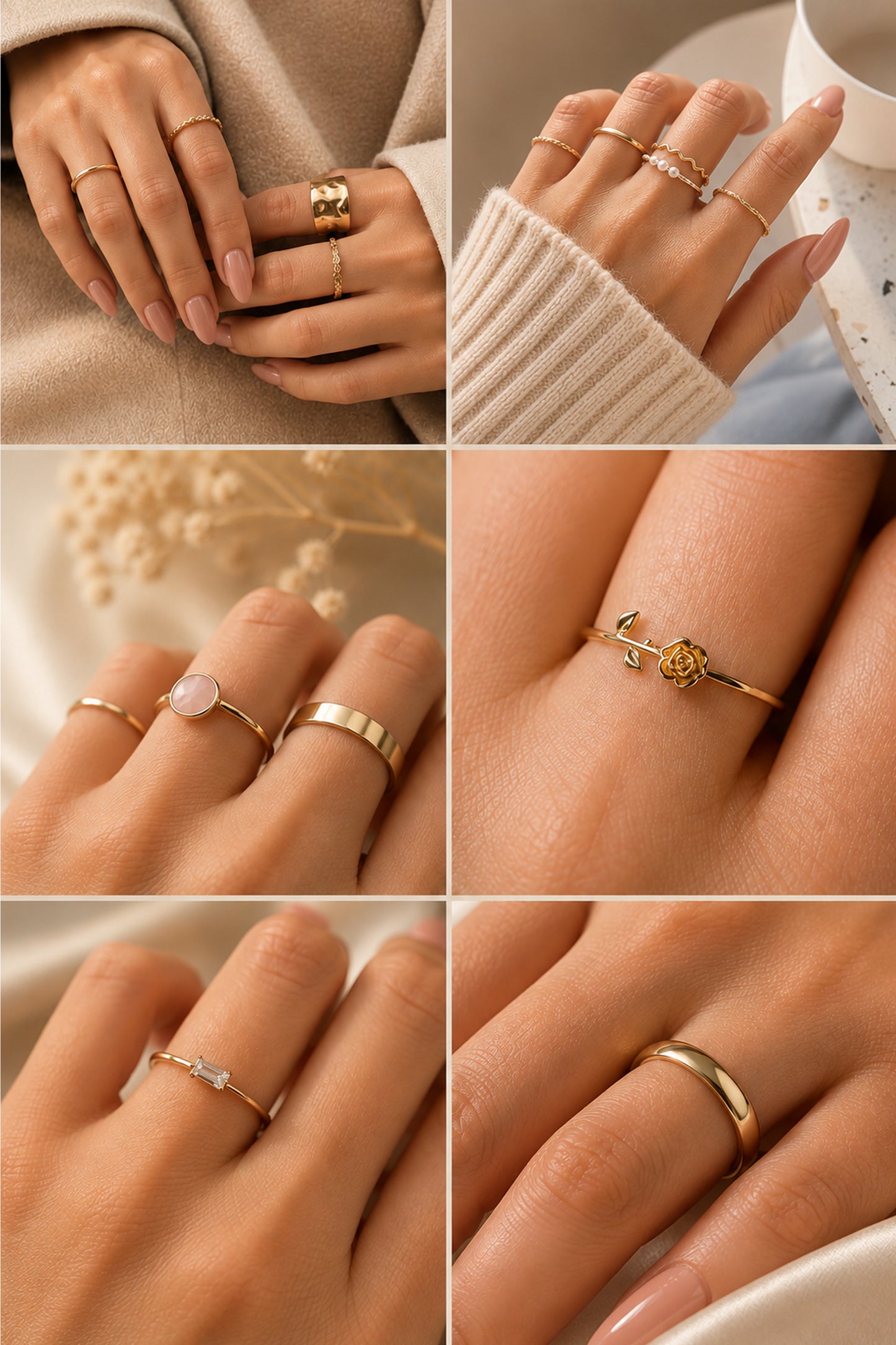 Collage showing slim and wide polished rings with sculpted motifs