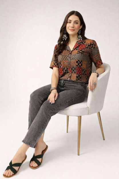office-ready multicolor crop top styled with trousers
