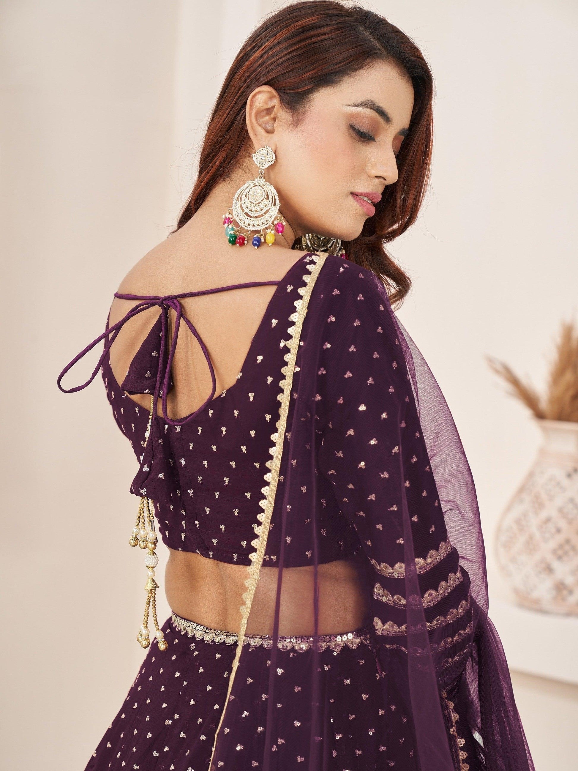 Contemporary Dark Purple lehenga choli three-quarter view
