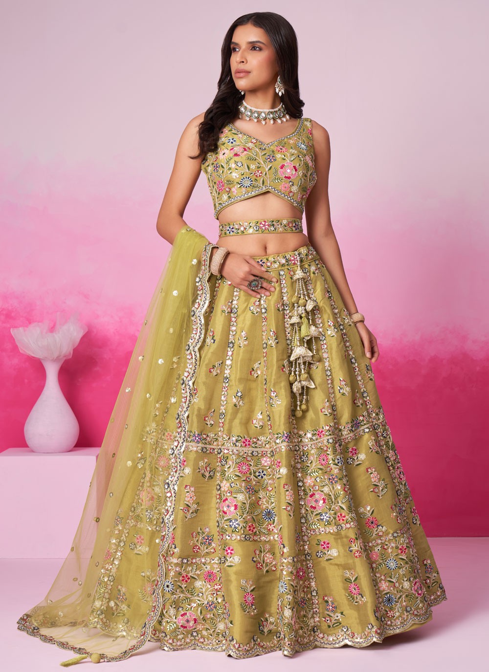 back view of lehenga choli with embroidery work