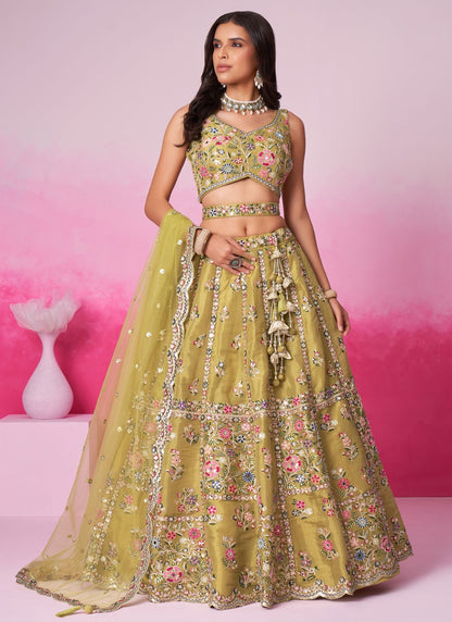 back view of lehenga choli with embroidery work