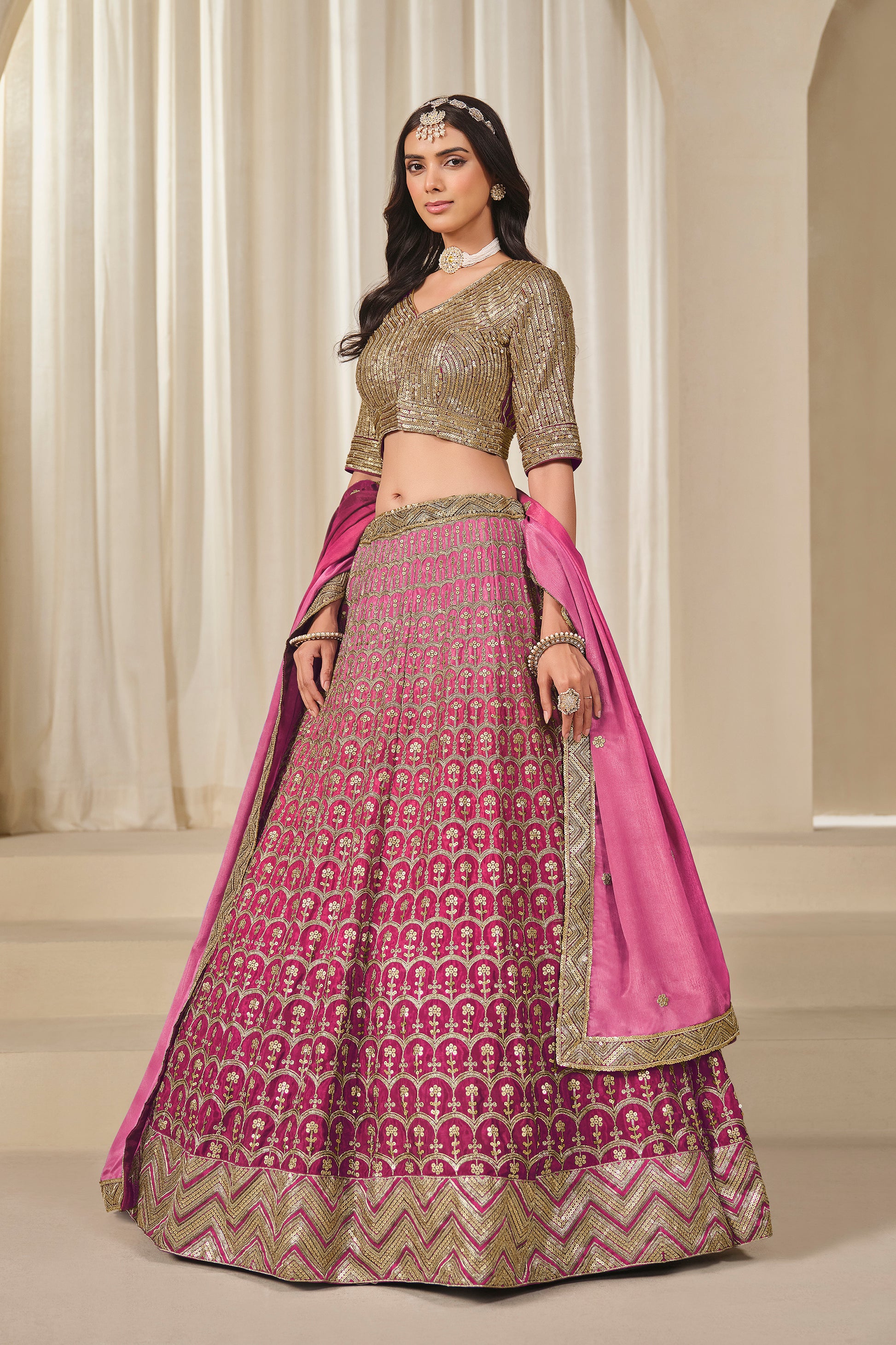 Elegant Pakistani Style Embroidered Work Chinon Silk Lehenga Choli
