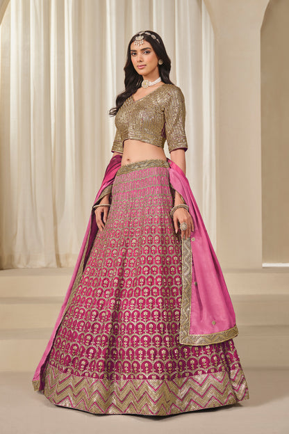 Elegant Pakistani Style Embroidered Work Chinon Silk Lehenga Choli

