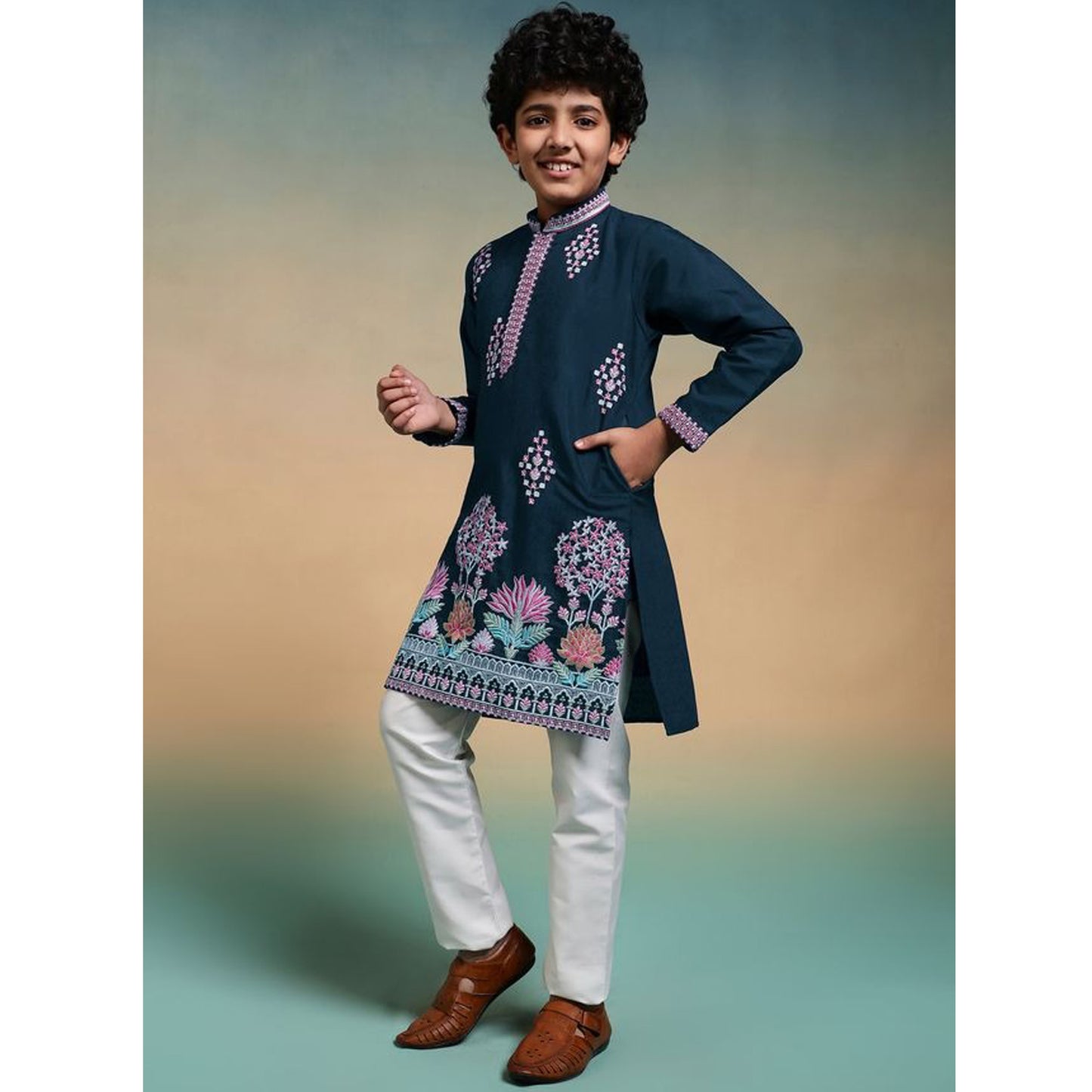 Teal indian pakistani style boys kurta back view