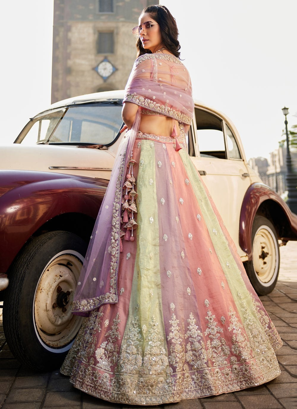 – Sequins work detail on tissue fabric lehenga
