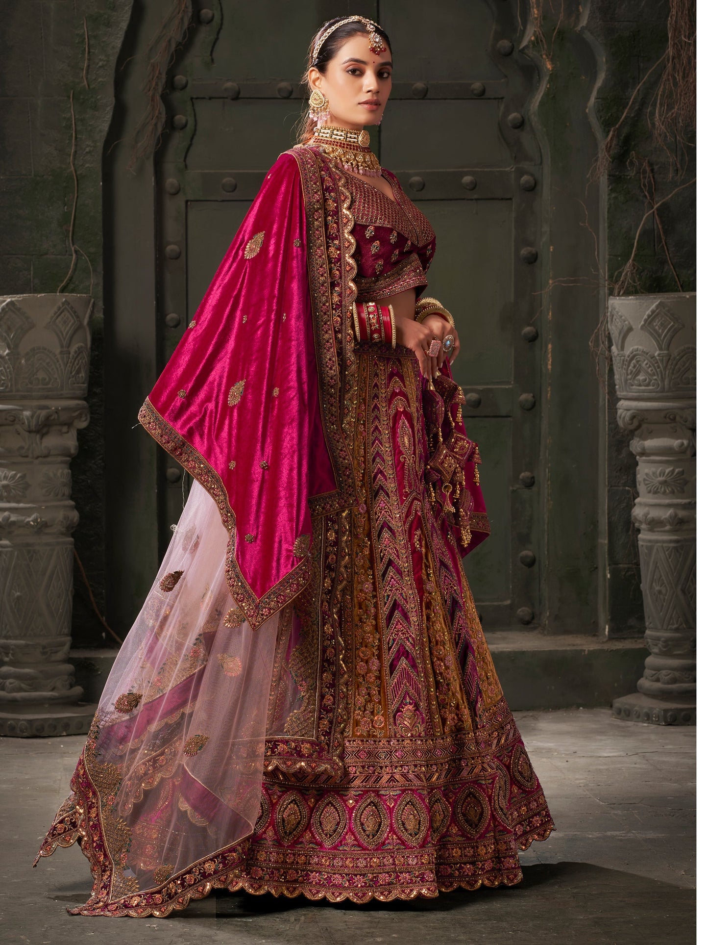 side view of multi color velvet lehenga silhouette