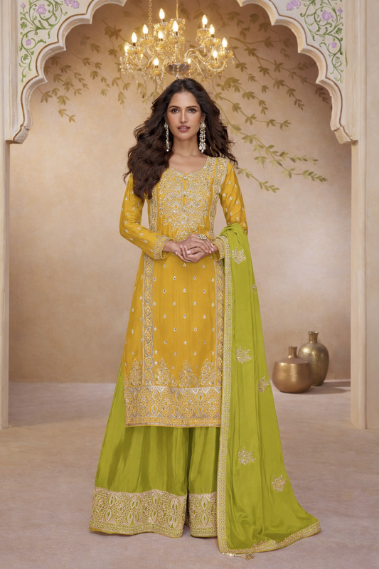 Mustard yellow embroidered kameez with lime green palazzo pants full view