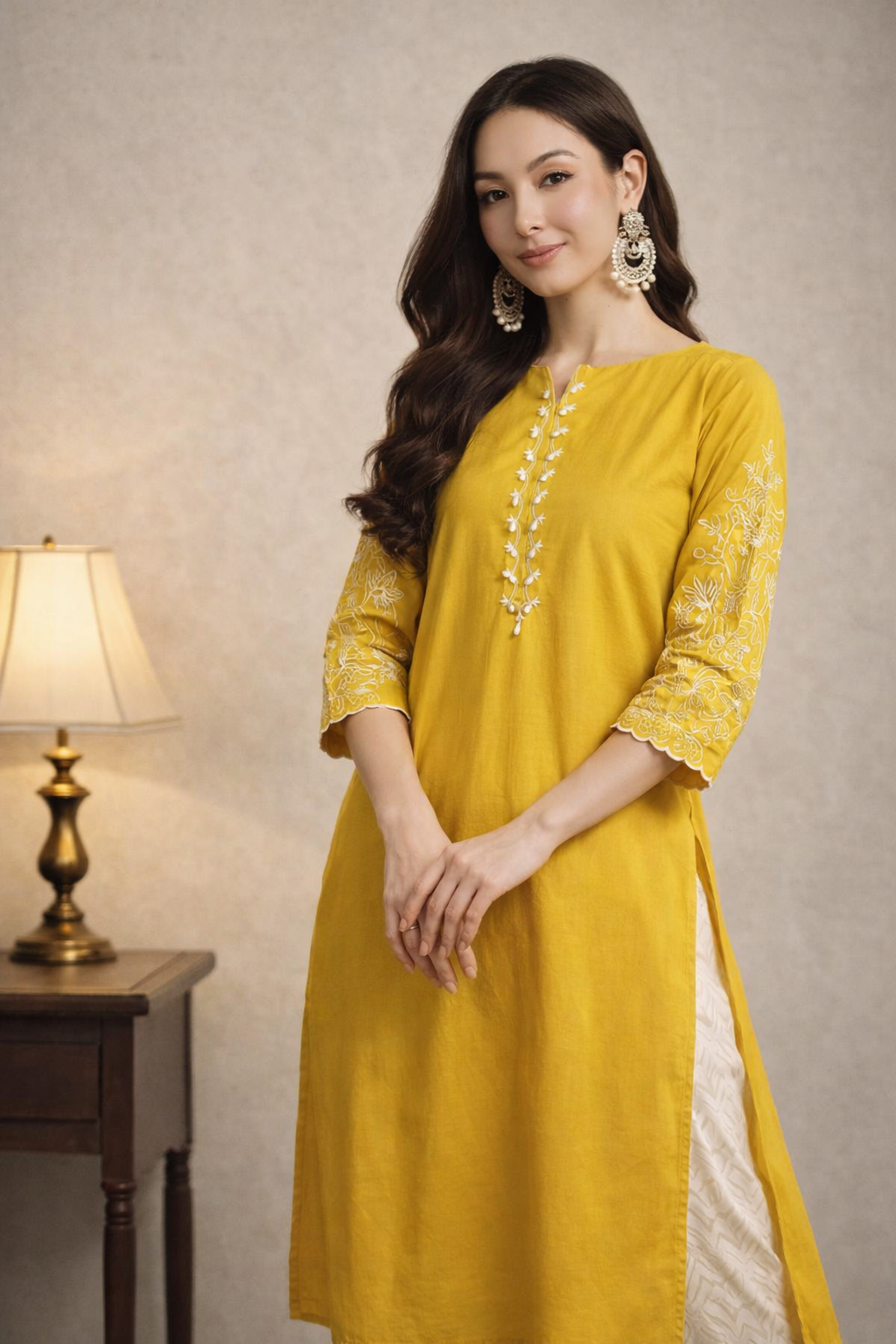 close-up of embroidered cotton kurta in yellow fabric