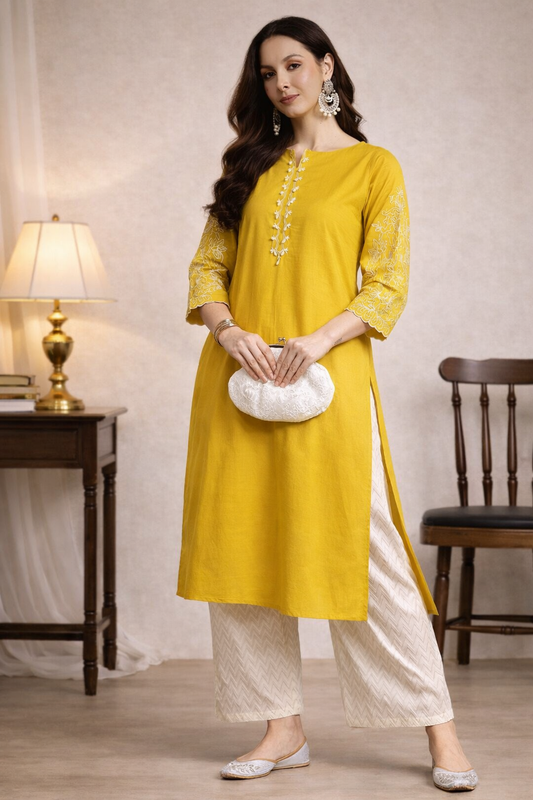 yellow kurta for women front view with embroidery detail