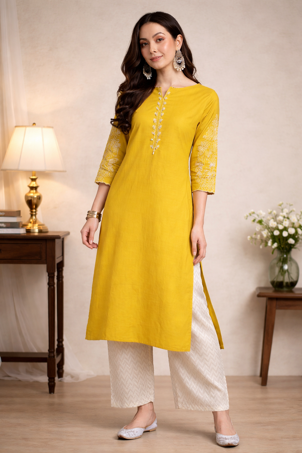 kurta for women paired with neutral bottoms outdoor look