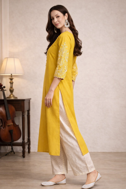 side profile of women wearing yellow kurta in daily setting