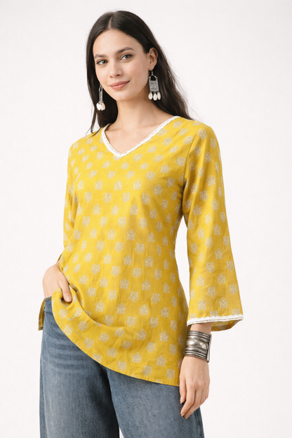 yellow tops tunic front view cotton fabric