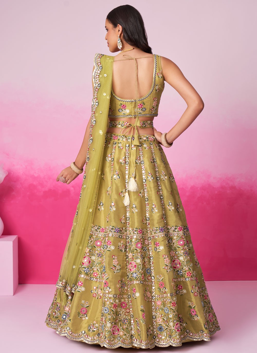 – mustard lehenga skirt flare detail in net fabric
