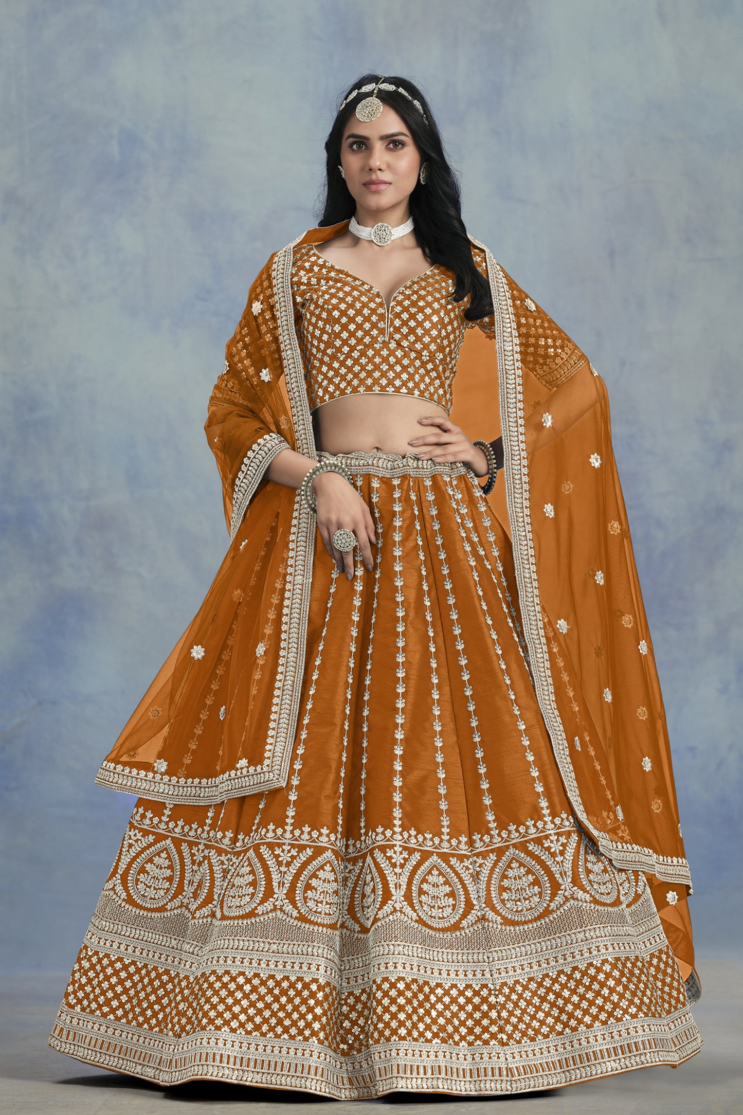 Mustard lehenga choli full front view with embroidered design