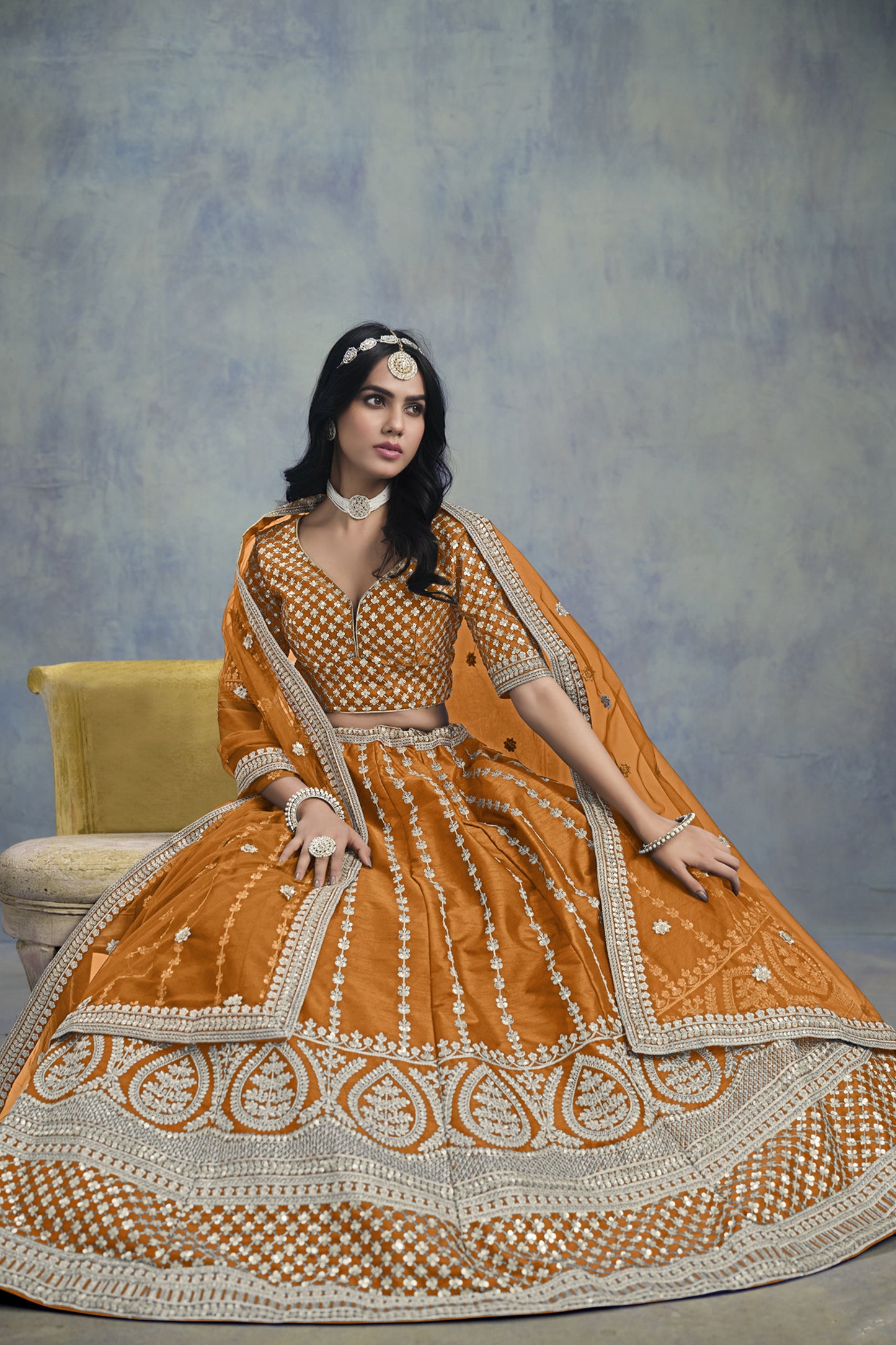 Mustard lehenga choli bridal guest outfit side angle