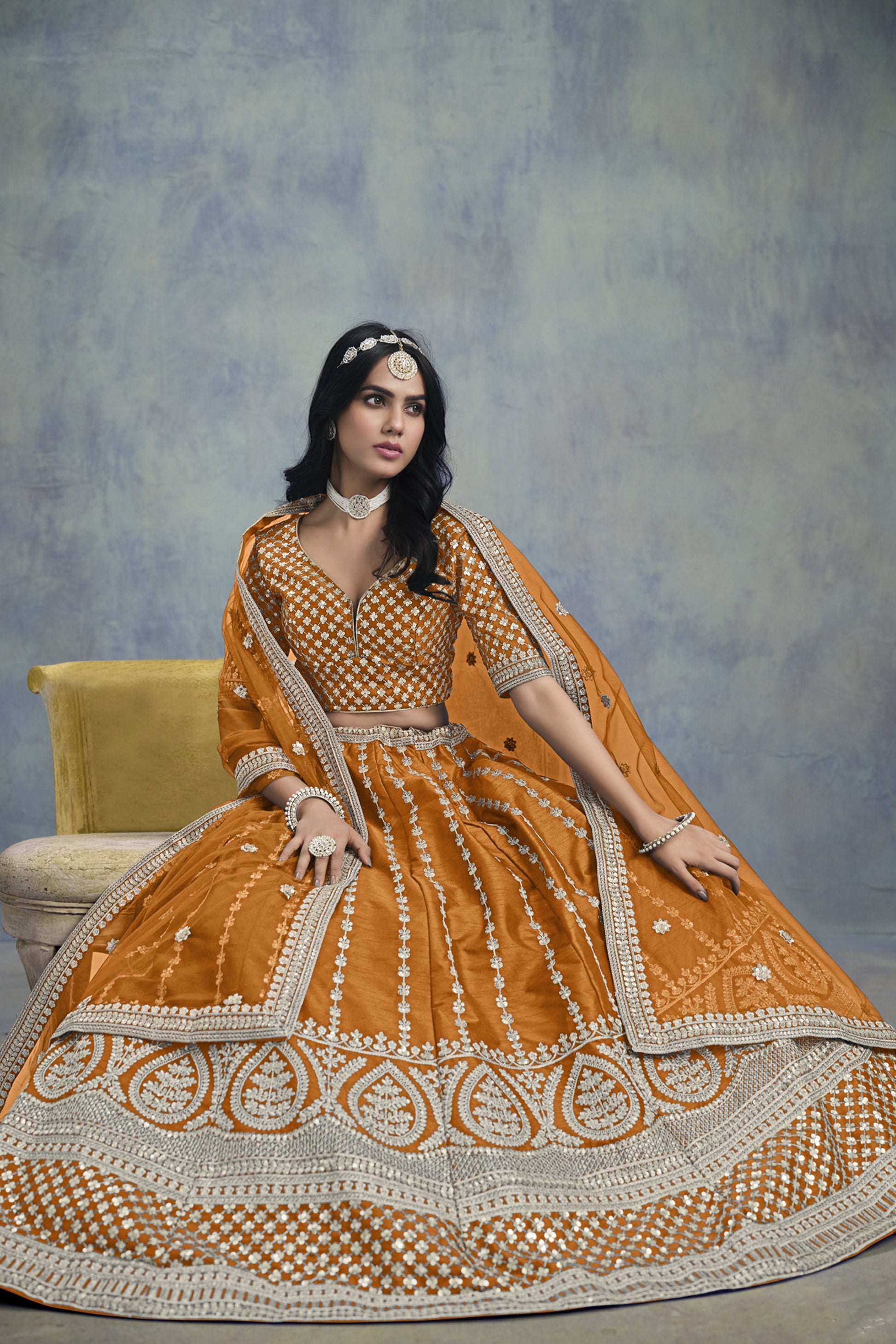 Mustard lehenga choli bridal guest outfit side angle